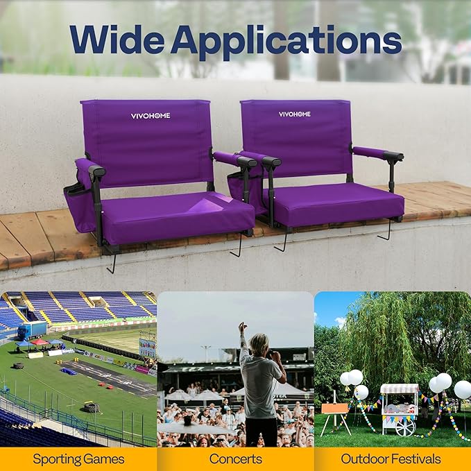 VIVOHOME Stadium Seats with Back Support and Cushion, 2 Pack Portable Bleacher Chairs with Cup Holder and Shoulder Strap