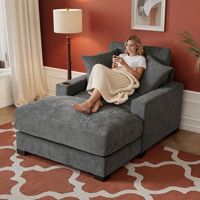 Oversized 60" Chaise Lounge Sofa, Chaise Lounge Recliner with Adjustable Backrest, Built-in Cup Holder USB and Type-C Port, 2 Pillows, Sleeper Couch with Deep Seat for Living Room, Bedroom, Gray