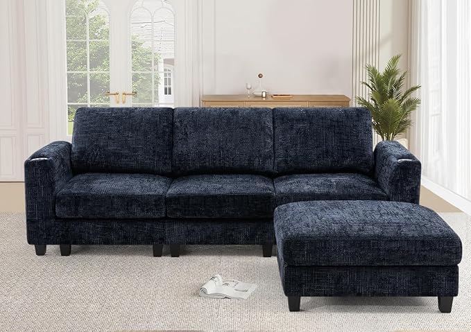 Lesofair 87" Convertible L-Shape Couch with Flexible Ottoman, Soft Sectional Sofa with 2 Built-in Cup Holders, Chenille 3 Seats Sofa with Well-Filled Back Cushions for Living Room, House, Blue