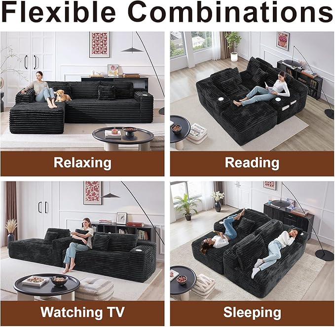 Cloud Sectional Couch with L-Shape Chaise, Modern Modular Sofa with Deep Seat, Built-in Cup Holder & Storage Pocket for Living Room Bedroom, No Assembly Required (Black Grey, Left Sitting Chaise)