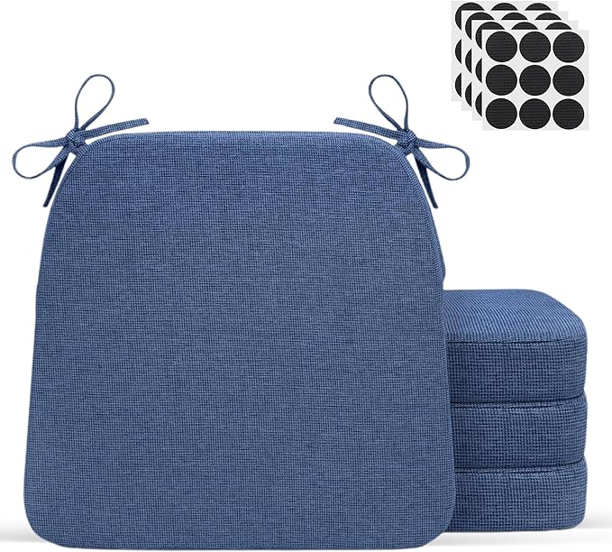 D-Shaped Indoor Chair Cushions 17" x 16" for Kitchen & Dining Chairs – 2'' Thick Seat Pads with Ties & Non-Slip Backing, High-Density Foam, Machine-Washable Covers, Set of 4 with Chair Leg Pads, Blue