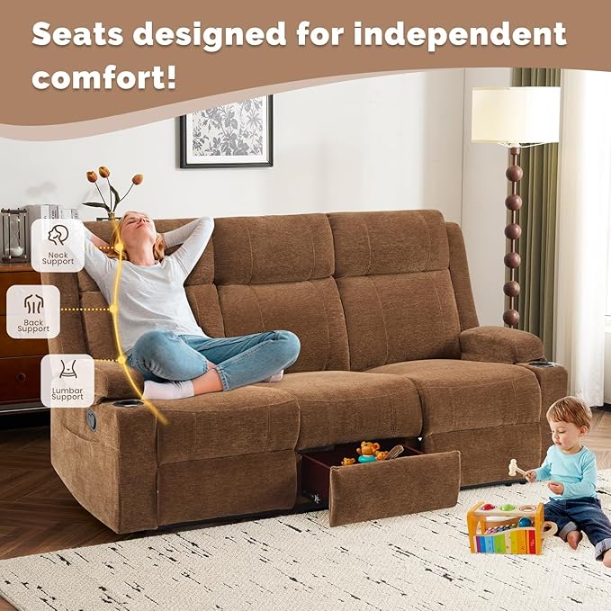 PALLOME Chenille Reclining Sofa 3-Seater with Convertible Table, Storage Ottoman & Cup Holders | Modern Space-Saving Couch, Ergonomic Living Room Furniture (Brown)