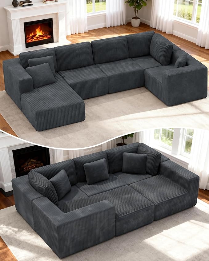 KINGYES 135'' Modular Sectional U Shaped Sofa, Upholstered Corduroy Boneless Couch Cloud Couch for Living Room, Gray