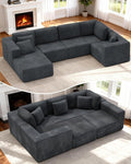 KINGYES 135'' Modular Sectional U Shaped Sofa, Upholstered Corduroy Boneless Couch Cloud Couch for Living Room, Gray