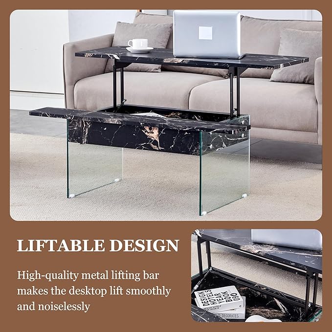 HanStrong 43.3" Lift-Top Coffee Table with Storage,Marble & Tempered Glass Space-Saving for Living Room,Office,Black