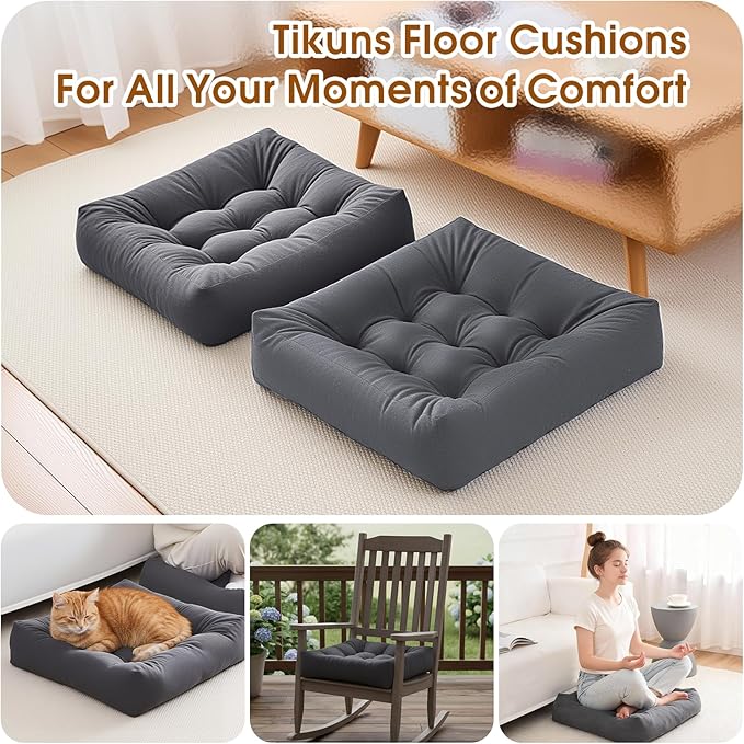 Tikuns Floor Pillows for Adults, 22x22 Inch Meditation Cushions, Large Square Sitting Cushion Living Room Memory Foam Pillow for Sitting (1, Grey, 22x22x4 Inch)