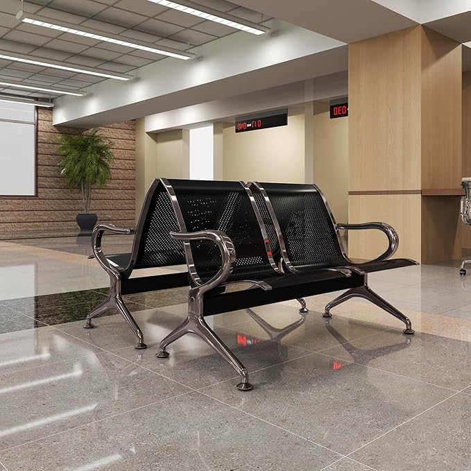 Kinfant 2-Seat Waiting Room Chair Bench Set - 2 Pieces Office Guest Benches Reception Chairs with Arms for Airport, Hospital, Bank, Salon, Barbershop, Hall, Room Conference(Black Mesh)