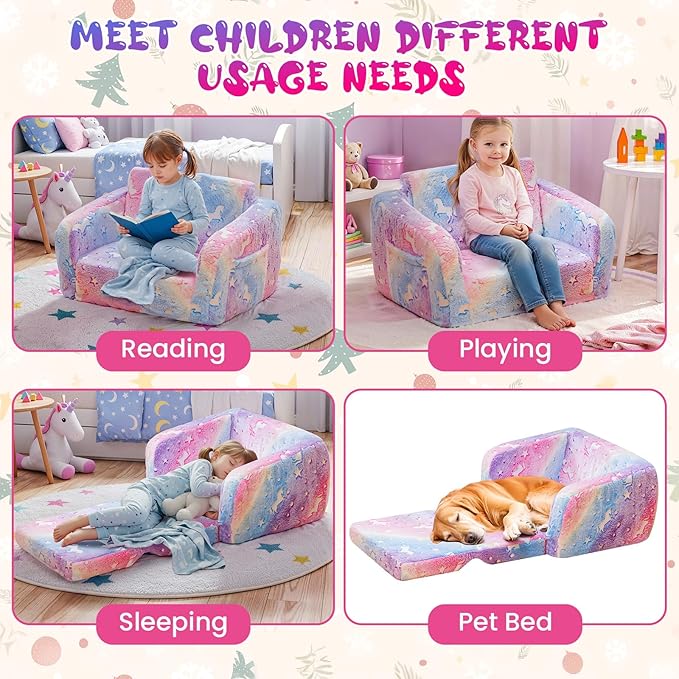 Lamerge 2-in-1 Soft Toddler Couch Fold Out,Foldable Toddler Chair, Glow in The Dark Kids Sofa for playroom,Convertible Foam and Floor Cushion for Boys and Girls (Rainbow and Unicorn)