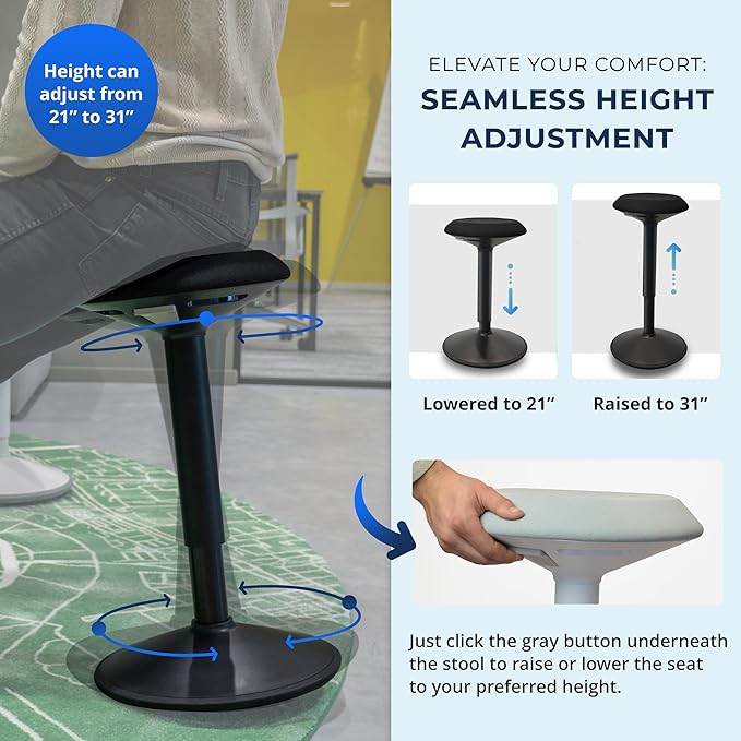 Standing Desk Stool Chair, Height Adjustable Stool 21-31 inch for Office and Classroom, Swivel Stool, Anti-Slip Bottom Ergonomic Wobble Stool with Rocking Motion, Black
