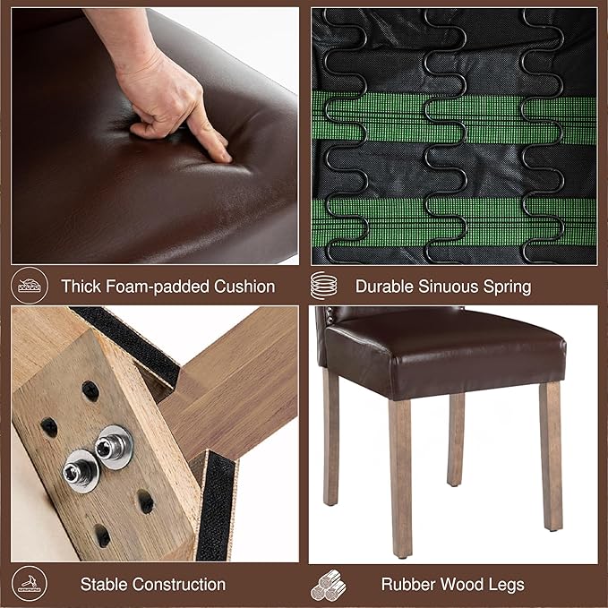 SNUGWAY Upholstered Dining Chair Stylish Parsons Kitchen High Back with Silver Nailhead Trim & Wood Legs, 2-Pack, PU Dark Brown