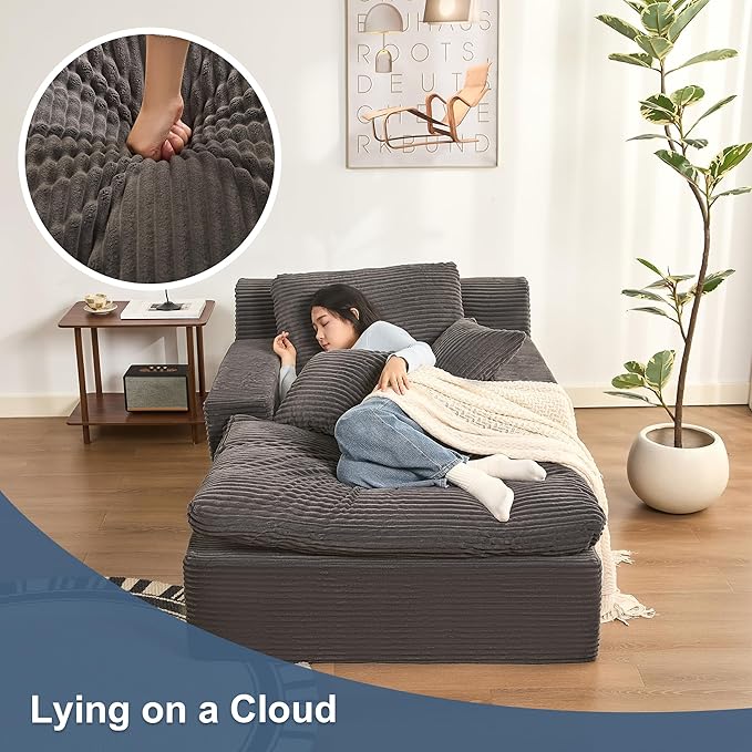 63" Oversized Boneless Chaise Lounge Chair, Extra Cloud Layer, Convertible Sleeper Sofa Couch with Removable Pillows & Side Pockets, Corduroy Upholstered Sofa Bed with Armrests for Living Room, Grey