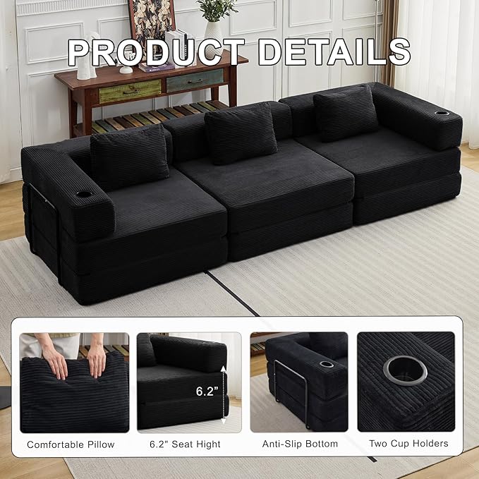 118" Oversized Convertible Floor Sofa Bed, Boneless Foldable Mattress Cloud Couch with Pillow Back & Armrest, Fold Out Floor Couch with Cup Holder for Living Room Bedroom Lounge, Corduroy, Black