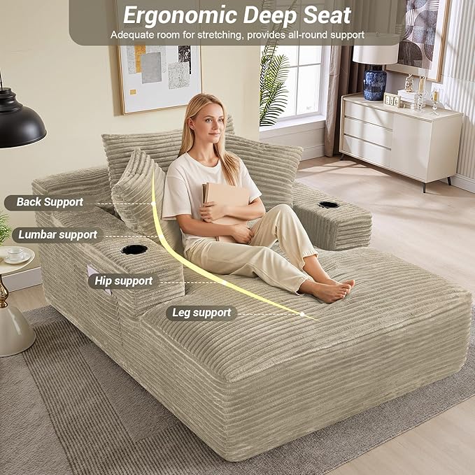 50"W x 68"D Oversized Chaise Lounge Chair Indoor Boneless Reading Chair Plush Corduroy Recliner with Cup Holders Large Deep Seat Comfy Sofa Bed with 3 Pillows for Living Room Bedroom, Light Camel