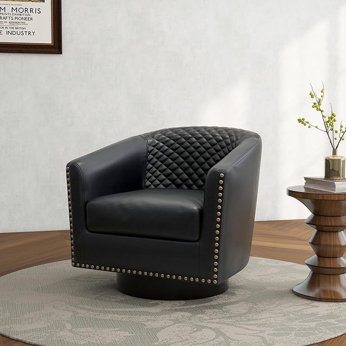 DREAMSIDEA Swivel Barrel Accent Chair, Comfy Modern Upholstered Round Faux Leather Arm Chair for Living Room, Bedroom（Black, Set of 4