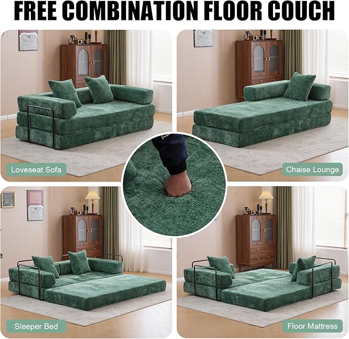 Floor Couch,Compression Sofa,Convertible Floor Sofa Bed-with Pillow Back Support Armrest,Comfy Futon Couch Lounge Sleeper Bed,Flannel Fabric,for Living Room Bedroom (Dark Green)