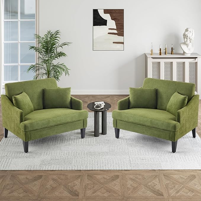 Bezseller Oversized Accent Chairs Set of 2, 33.5'' Wide Seat Comfy Armchair with 2 Pillows, Upholstered Big Reading Chair, Modern Single Sofa Chair for Living Room Bedroom Apartment Office, Green
