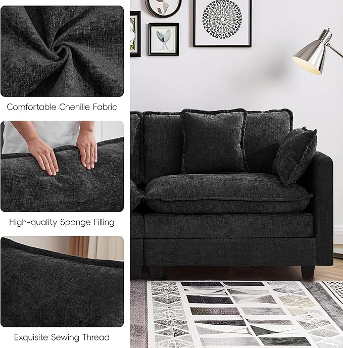 UMBFUN Cloud Couch Loveseat with Ottoman, Oversized Comfy Modular Sectional L Shaped Sofa with Deep Seat Cushions, Chenille 2-Seater Lounge Set for Living Room, Dark Grey