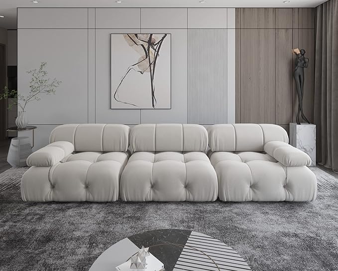 JACH 104" Convertible Modular Sectional Sofa, Minimalist Mid-Century Velvet Sofas Couches, Luxury Modern 3-Seat Wide Couch Sectional for Living Room Bedroom Office Apartment (Beige)