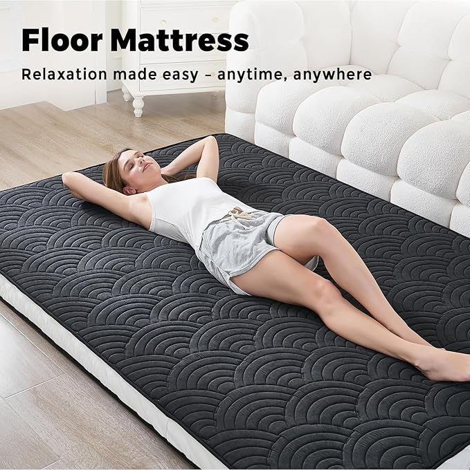 Zelladorra Japanese Floor Mattress, Quilted Futon Mattress with Anti-Slip Bottom, Foldable Floor Bed with Storage Bag and Straps, (Black, Queen)