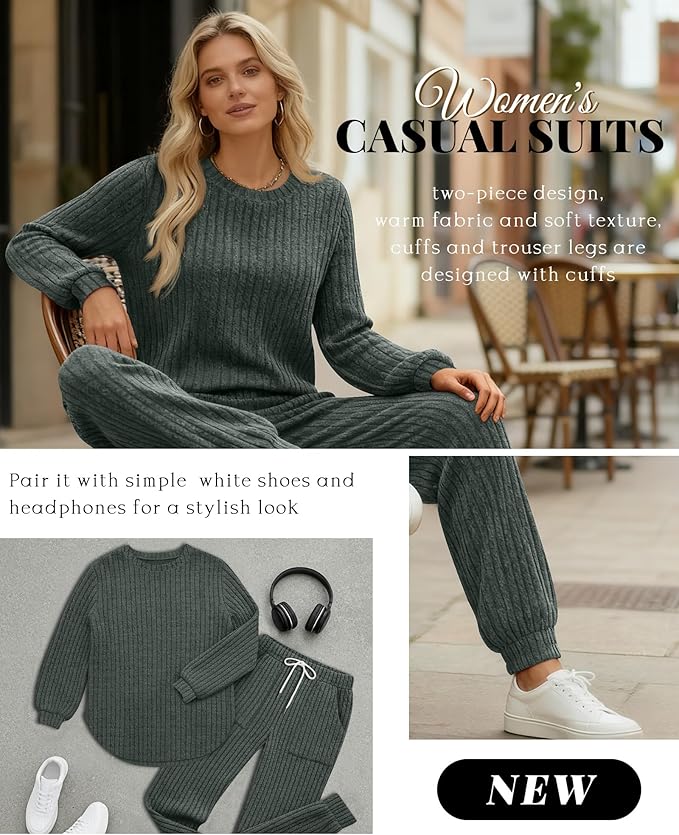 Sweetyweee Women's Ribbed Knit Lounge Sets 2 Piece Outfits Long Sleeve Pajamas Set Loungewear Sweatsuits Fall Pjs with Pocket