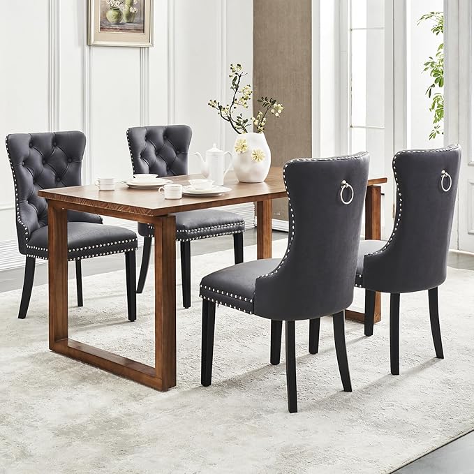 Kiztir Leather Dining Chairs Set of 6, Upholstered Dining Chair with Nailhead Trim and Solid Wood Legs, Luxury Wingback Dining Side Chair for Living Room, Bedroom, Kitchen (Black)