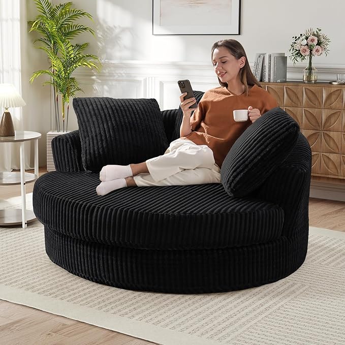 61"W Oversized Round Chaise Lounge Chair Indoor, Upholstered Corduroy Large Circle Boneless Chair with Deep Seat, No Assembly Required, Modern Comfy Cloud Sofa Chairs for Living Room, Bedroom(Black)
