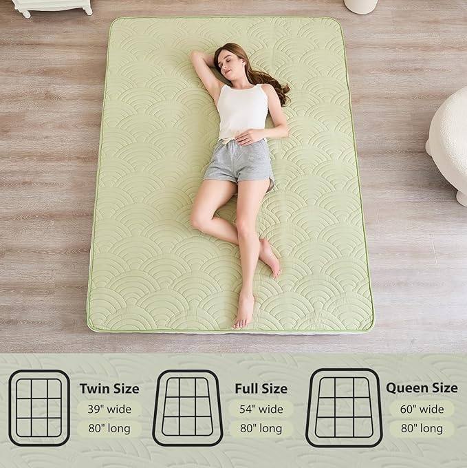 Zelladorra Japanese Floor Mattress, Quilted Futon Mattress with Anti-Slip Bottom, Foldable Floor Bed with Storage Bag and Straps, (Green, Twin)