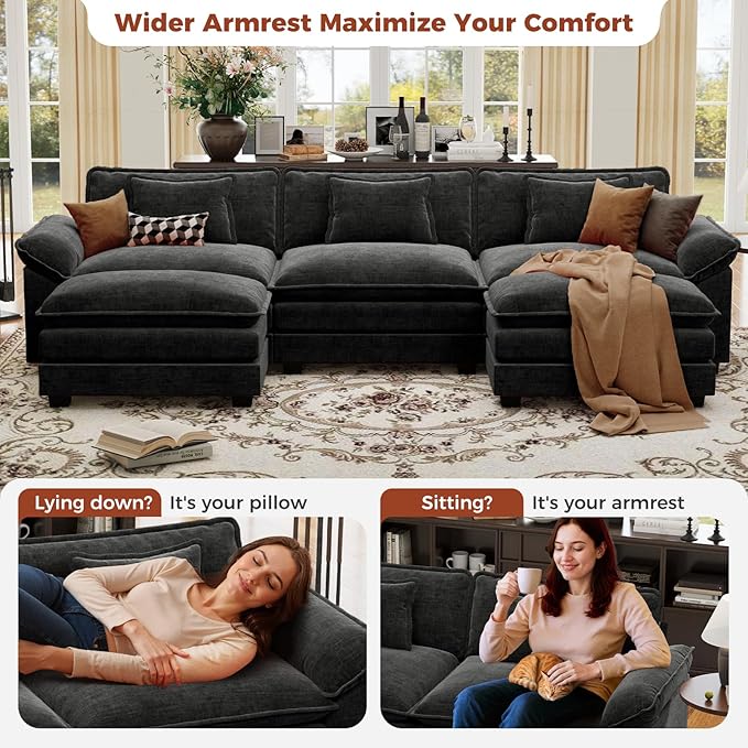 CDCASA 120" Oversized Modular Sectional Sofa, Comfy U-Shaped Cloud Couch w/ 2 Movable Ottoman, 5-Seater Chenille Deep Seat Modern Sofa Couch for Living Room, DIY Combination, Black