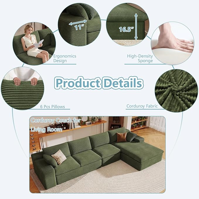 136" Cloud Sectional Couch with L-Shape Chaise, Modern Corduroy Viral Boneless Sofa for Living Room,Memory Foam Couches in a Box with Deep Seat,No Assembly Required (Green,Right-Facing Chaise)