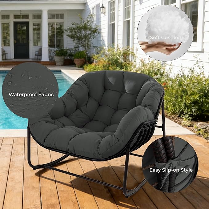 Sgentle Papasan Rocking Chair Outdoor, Oversized Patio Rocking Chair with Cushions & Steel Frame, Wicker Egg Lounge Chair Indoor, Comfy Reading Chair for Patio, Deck, Porch (Grey, Style 1)