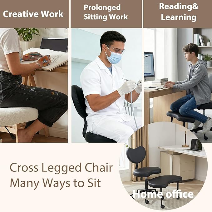 Ergonomic Cross Legged Chair, Meditation Chair Plus with 360° Swivel Wheels for ADHD/Fidgety Sitters, Height Adjustable & Lumbar Support, Black PU, Chic Home Office Furniture