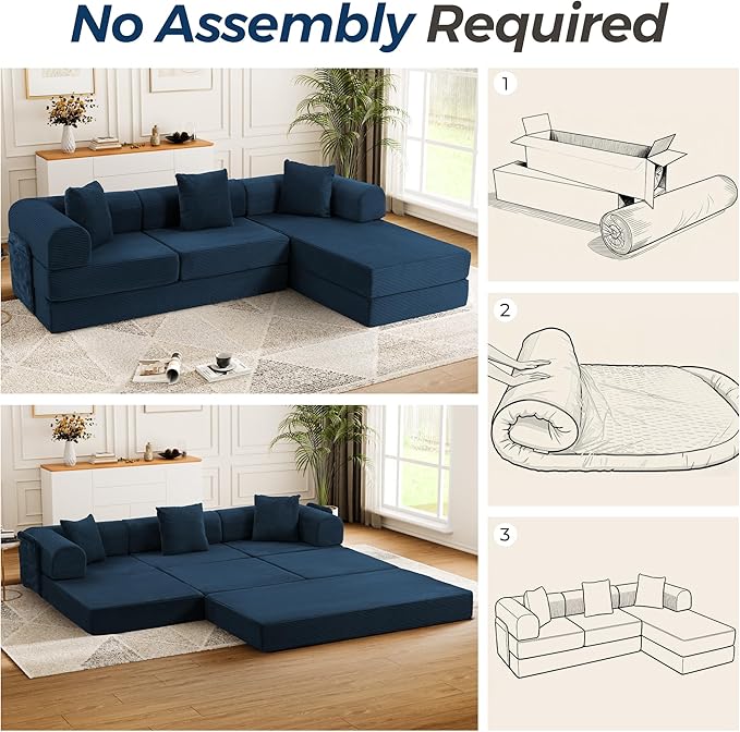 106.3" Oversized Convertible Sleeper Sofa Bed, L Shape Modular Sectional Cloud Sofa with Fixed-Shape Frame, Boneless Couch with Storage Pocket for Living Room, No Assembly Required, Blue