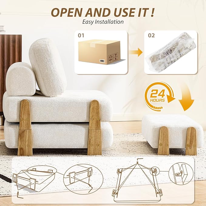Folding Sofa Bed with Ottoman, 2-in-1 Fold Out Single Sleeper Chair with Wooden Frame, Headrest & Lumbar Pillow, Chenille Boneless Memory-Foam Filled Floor Couch Seating for Living Room Reading, Beige