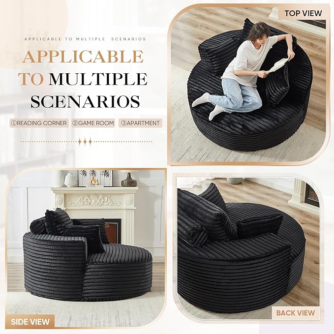 JEEOHEY Modern Round Accent Sofa Chair for Living Room, Upholstered Corduroy Barrel Lounge Arm Chair with Large seat&Throw Pillows for Bedroom, Office, Apartment, Black