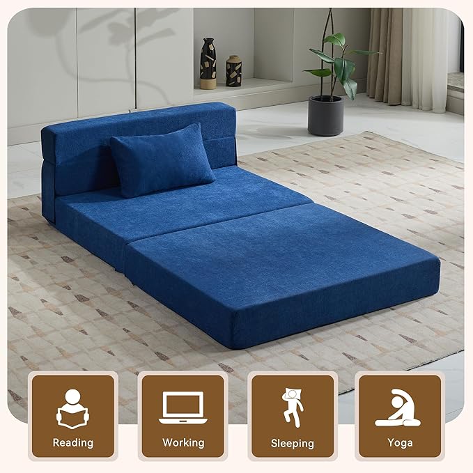 Folding Sofa Bed Convertible Floor Couch Foldable Chair Bed with Pillow，Linen Sleeper Chair Futon,Foldable Memory Foam Mattress for Bedroom/Living Room/Dorm/Office (Navy, Standard)