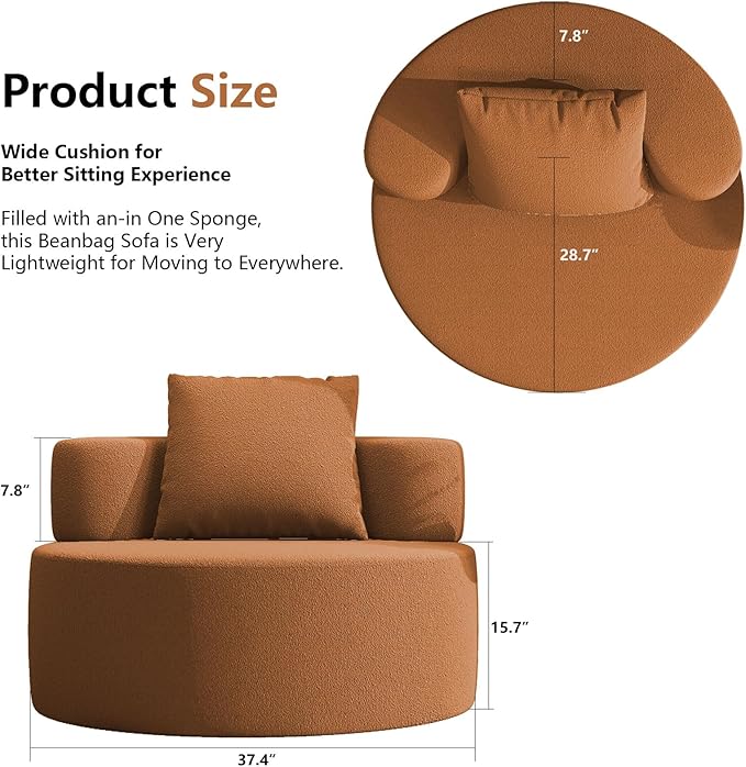 Bean Bag Chairs for Adults, Memory Foam Couch Loveseat Sofa Chair, Soft Teddy Material Cozy Comfy Reading Nook Chairs, Floor Chair for Living Room Bedroom Office(Orange)