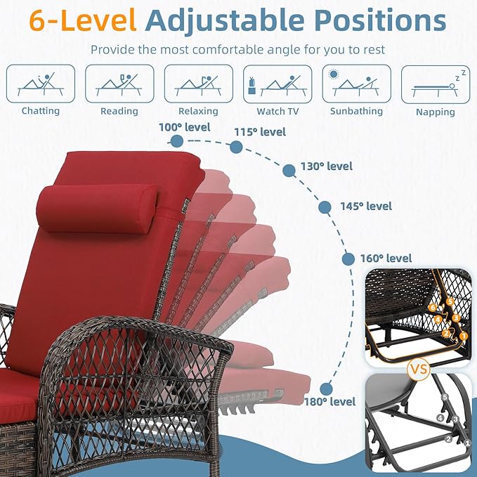 WINGTU Outdoor Chaise Lounge Chair with Side Table, All Weather PE Rattan Patio Lounge Chair with Cushion, 6-Positions Adjustable Pool Sunbathing Recliner for Poolside, Backyard, Armrest & Pillow, Red