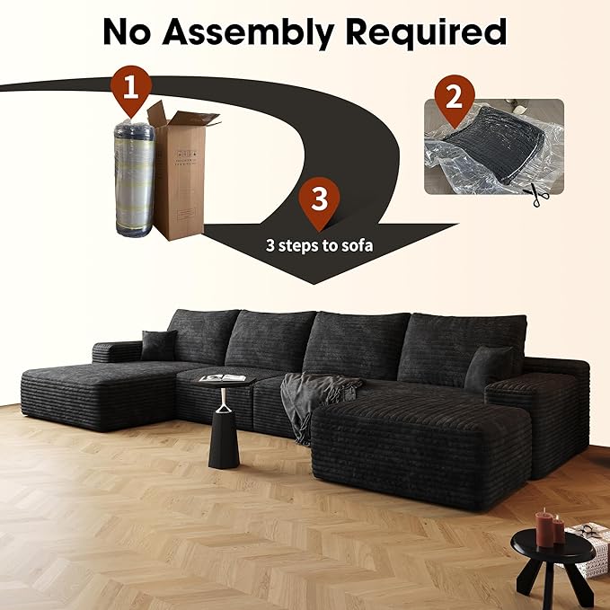AUGOP 136" Sectional Couches for Living Room Modern Modular Sofa with L-Shape Couchs Upholstered Boneless Couch Deep Seat Sectional Couch with Chaise (Black, Left Facing Chaise+3Seaters+Ottoman)