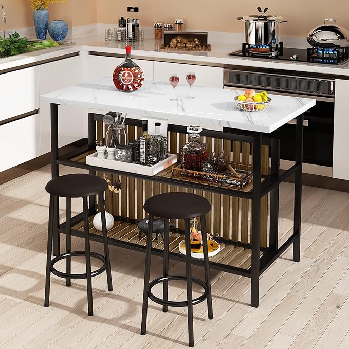 Lamerge 3 Piece Bar Table and Chairs Set,Industrial Kitchen Island Table with Storage and Seating,Faux Marble Kitchen Tables Set for 2 with Shelves,Counter Height Table Set for Small Space,White