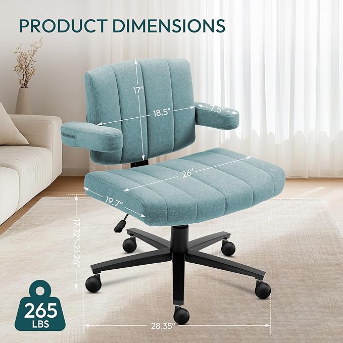 Vigosit Blue Criss Cross Office Chair with Wheels, Ergonomic Wide Seat Vanity & Dressing Table Chair, Adjustable Arms Swivel Rolling Desk Chair for Women, Comfortable Cross-Legged Support