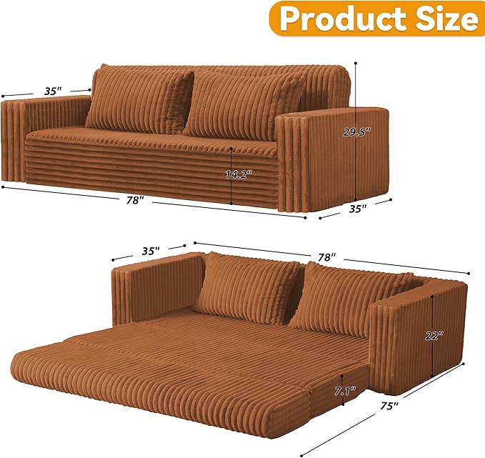 HABUTWAY Folding Sofa Bed, 2 in 1 Convertible Sleeper Chair with 2 Pillows, Portable Fold Out Chair Bed with Armrest, Comfy Floor Couch, Lazy Sofa for Living Room Bedroom Dorm Home Office, Caramel