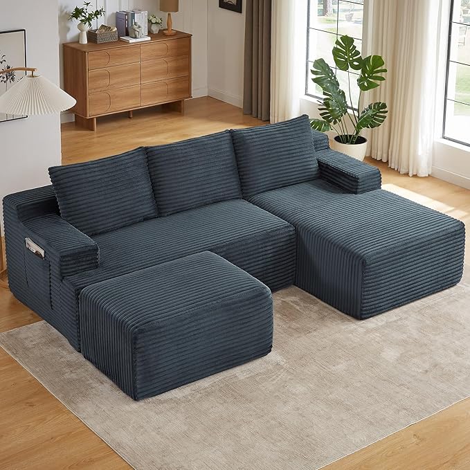 96" W Cloud Sectional Couch with Ottoman,Modern U-Shaped Cloud Couch with Side Pockets,Comfy Corduroy 3-Seater Sofa,Memory Foam Sofa for Living Room,No Assembly (Dark Grey,Right-Facing Chaise)