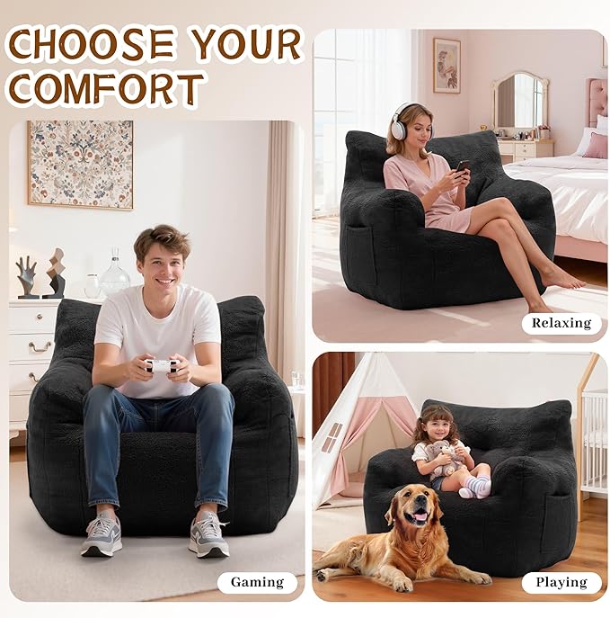 Bean Bag Chair for Adults and Kids, Small Comfy Bean Bag Lounge Floor Sofa Reading Chair with Armrests, Mini Cloud Sofa for Living Room, Bedroom and Game Room, Plush Chair with Memory Foam