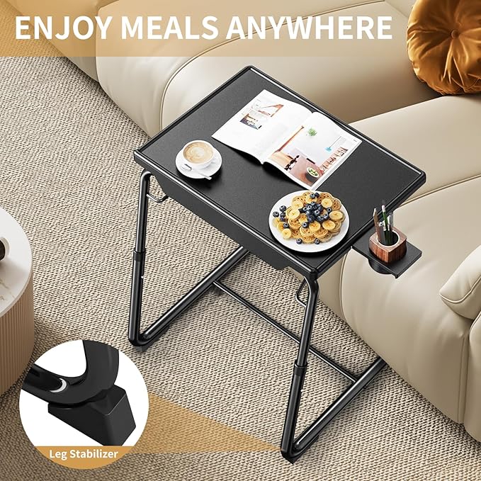 ZUCONKITCH Adjustable TV Tray Tables with 6 Height & 3 Tilt Angle, Folding TV Dinner Tray,TV Table with Cup Holder on Bed & Sofa (1 Pack, Black)