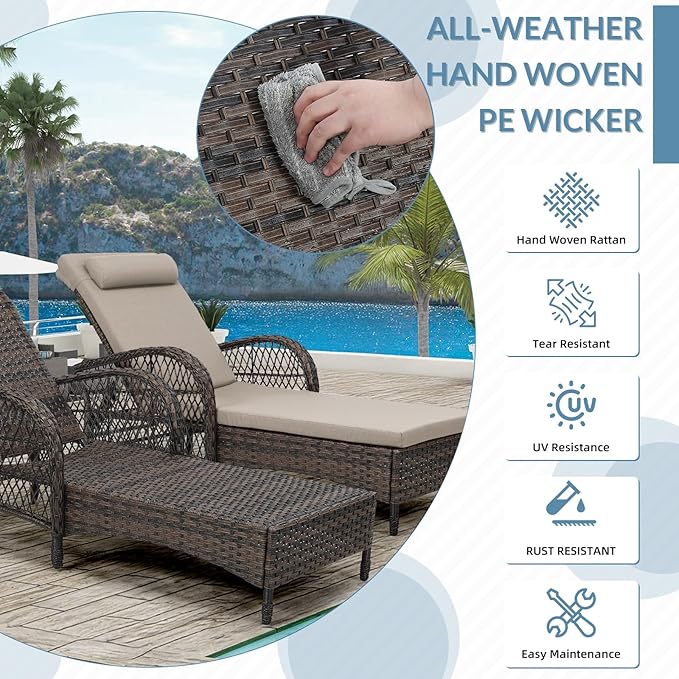 WINGTU Outdoor Chaise Lounge Chair Set of 2, PE Wicker Recliner Patio Reclining Sunbathing Chair with Cushion, 6-Position Patio Lounge Chair with Adjustable High Backrest, Armrest & Pillow, Beige