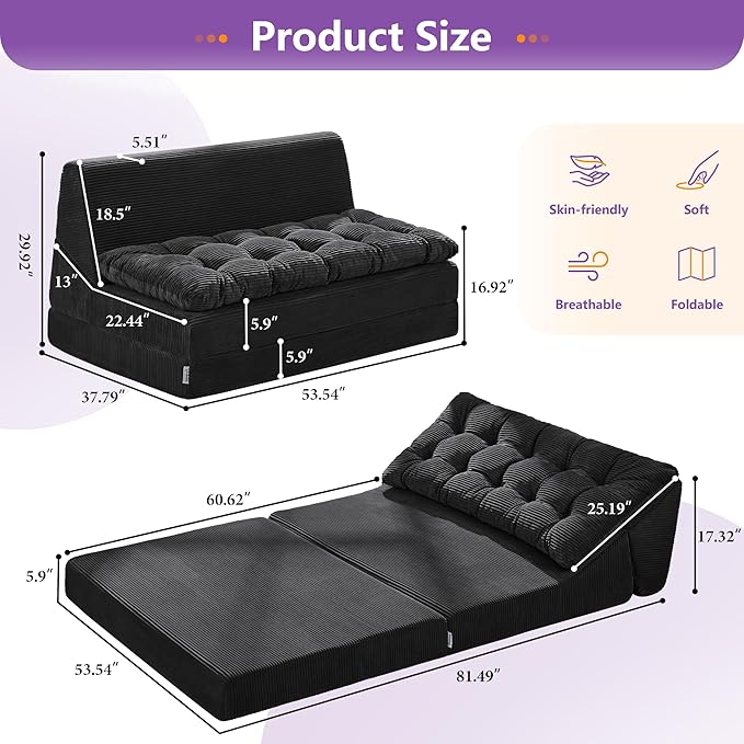 Hobestluk Sofa Couch Folding Sofa Bed Sleeper Comfy Floor Lounger Loveseat Sofa with Removable Cushion Couches Foldable Mattress for Living Room Bedroom or Office (Cordury Black, Oversize)