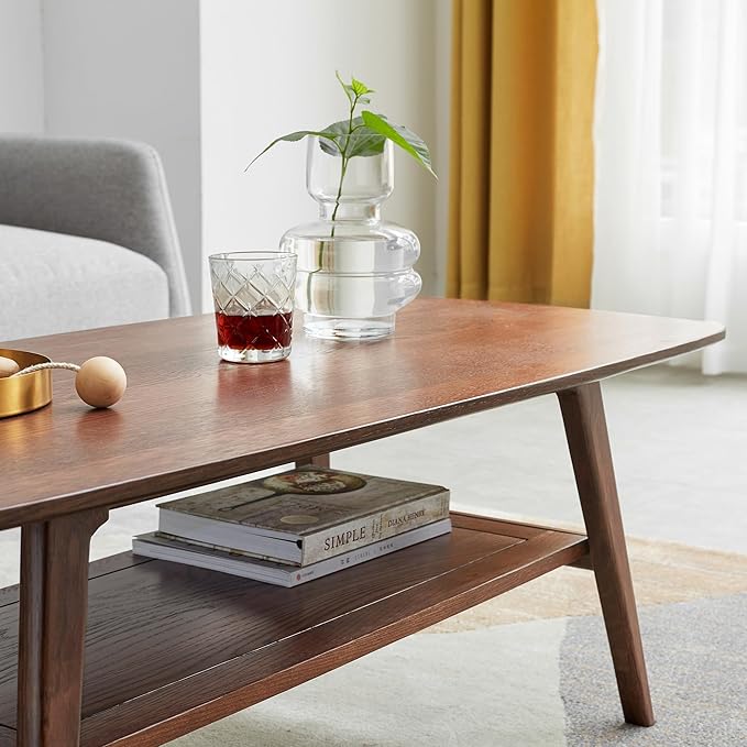 HanStrong 39.37" Center Coffee Table 100% Solid Wood Top Plate Desk Study Desk Work from Home with Storage Shelf,Walnut