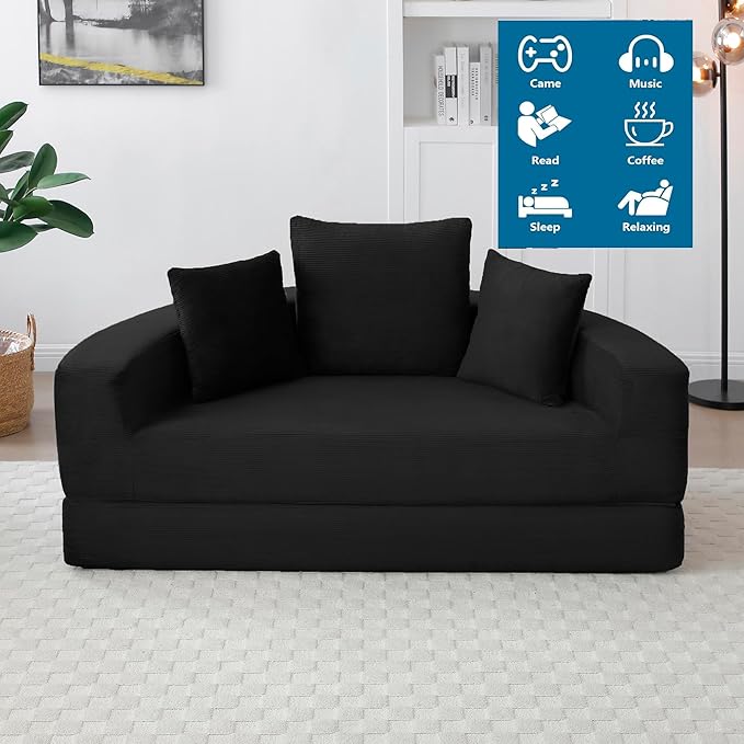 67" Round Convertible Folding Sofa Bed, Boneless Couch Loveseat, Floor Sleeper Chaise Lounge for Living Room, Apartment, Dorm, Small Spaces, Black