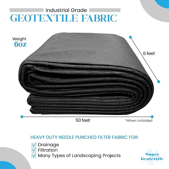 Super Geotextile 4, 6, 8 oz Non Woven Fabric for Landscaping, French Drains, Underlayment, Erosion Control, Construction Projects - 6 oz (6X50)