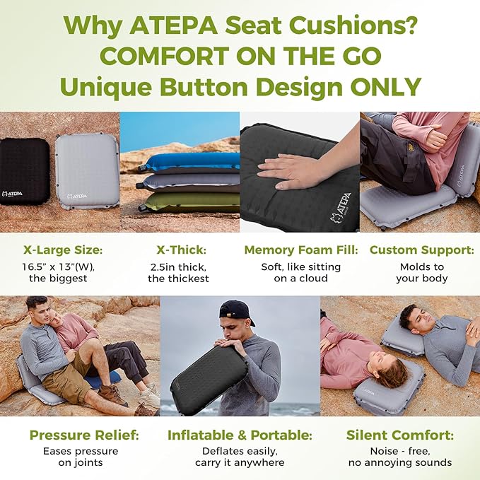 ATEPA Inflatable Seat Cushion, Self-Inflating Portable Stadium Airplane Travel Foam Cushion Pad for Camping, Sports Events, Outdoor